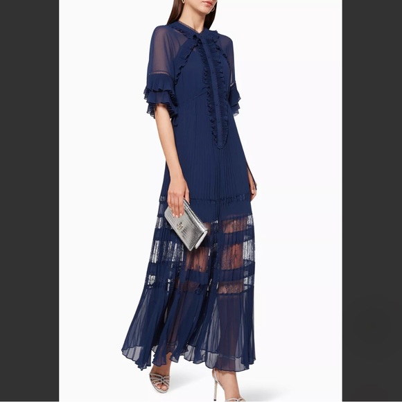 Self-Portrait Ruffled Lace Maxi Dress in Blue Sz 2 - Picture 13 of 15